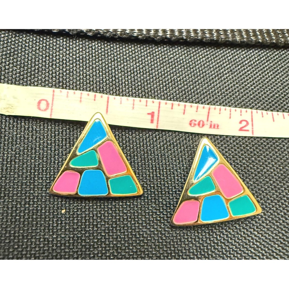 Vintage Retro 80s Geometric Triangle Enamel‎ Mosaic Stud Earrings Gold Tone